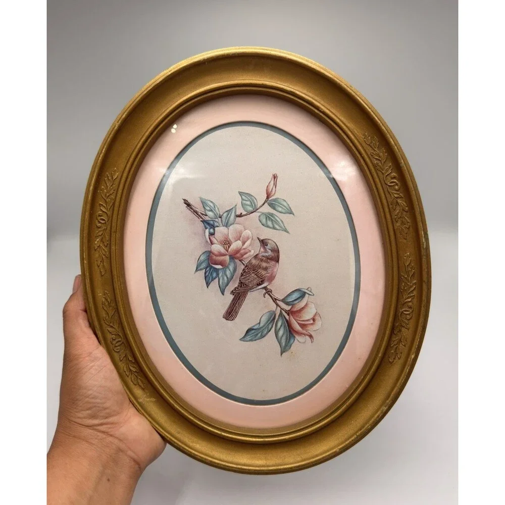1983 HOMCO Kay Lamb Shannon Bird Magnolia Print Gold Oval Vintage Frame #3254
